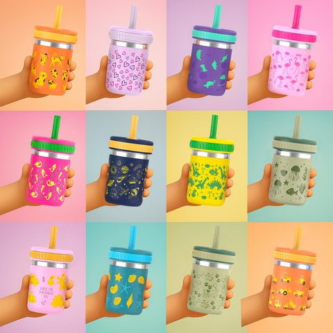 Patterned silicone sleeve provides grip and cute visuals for kids