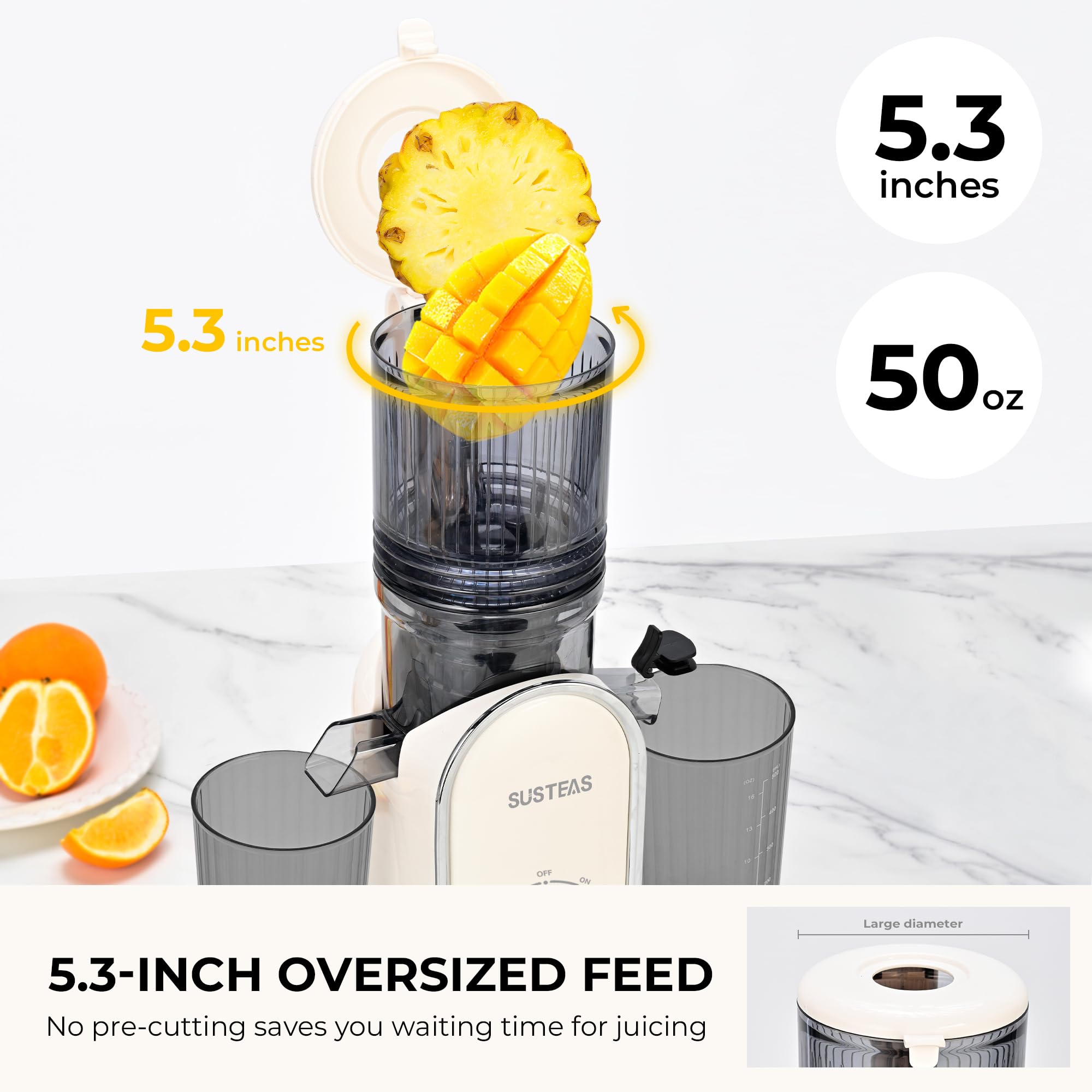 SUSTEAS feed chute 5-3-inch highlights juicing whole fruits for faster prep.