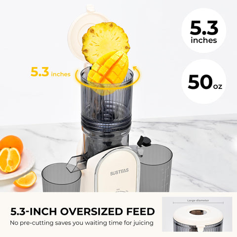 SUSTEAS feed chute 5-3-inch highlights juicing whole fruits for faster prep.