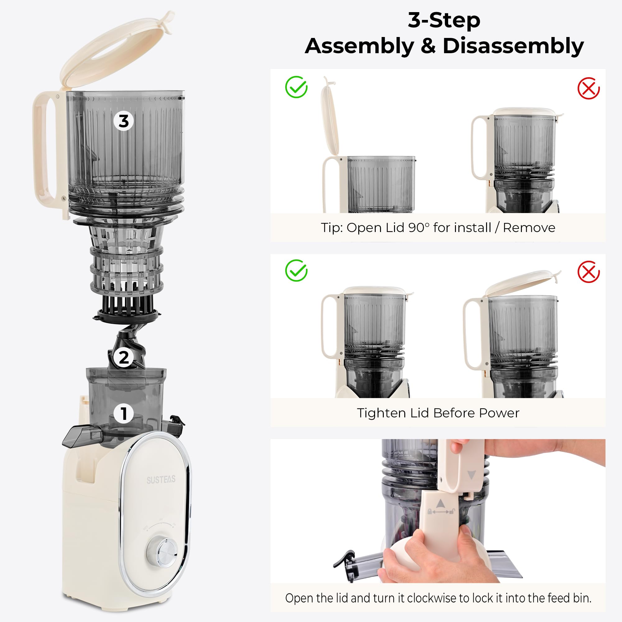 SUSTEAS cold press juicer lid locked demonstrates safe operation when the lid is secured.