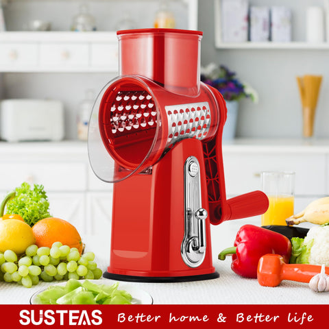 SUSTEAS rotary cheese grater with red handle, blade storage box keeps parts organized.