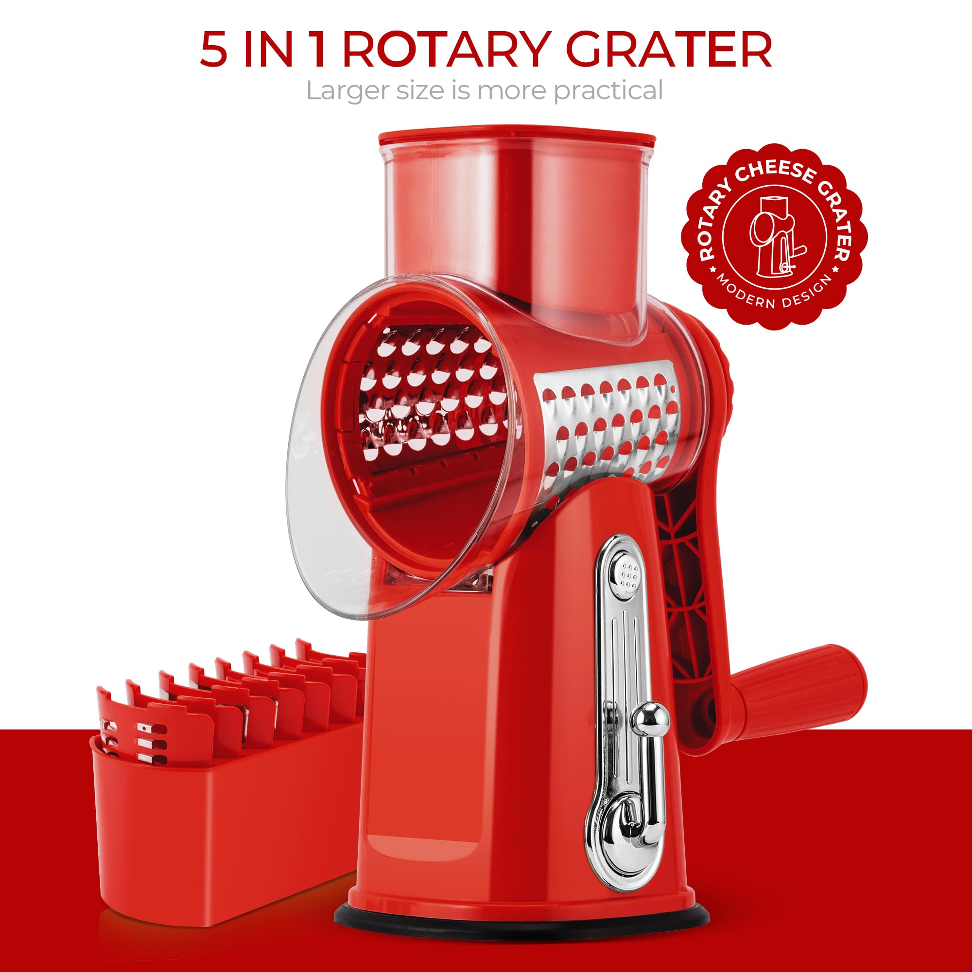 SUSTEAS rotary cheese grater with red handle, easy-clean design for quick maintenance.