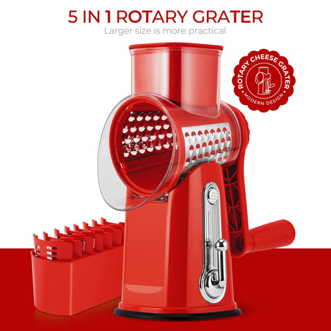 SUSTEAS rotary cheese grater with red handle, easy-clean design for quick maintenance.