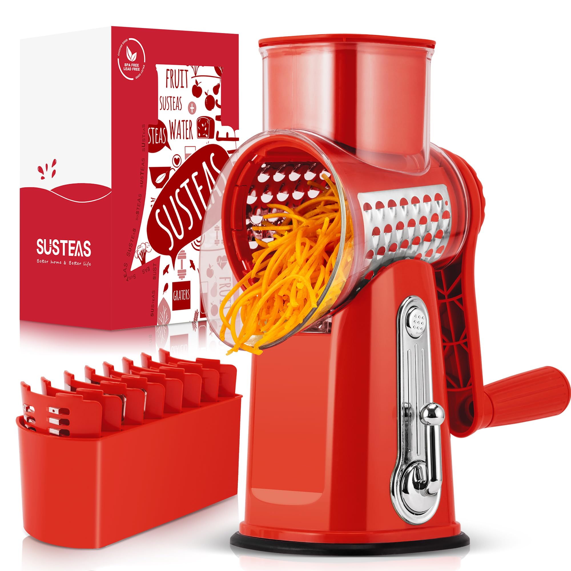 SUSTEAS rotary cheese grater with red handle, front view, efficient cheese shredding.