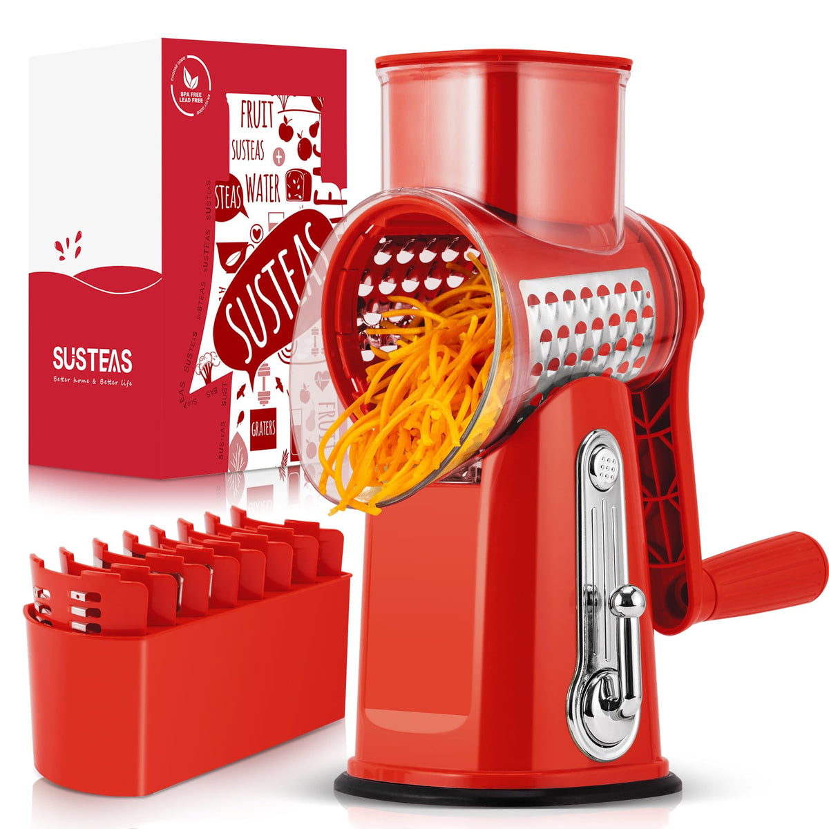 SUSTEAS rotary cheese grater with red handle, front view, efficient cheese shredding.