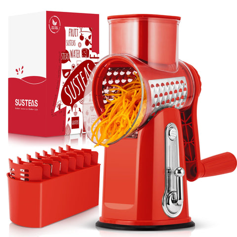 SUSTEAS rotary cheese grater with red handle, front view, efficient cheese shredding.