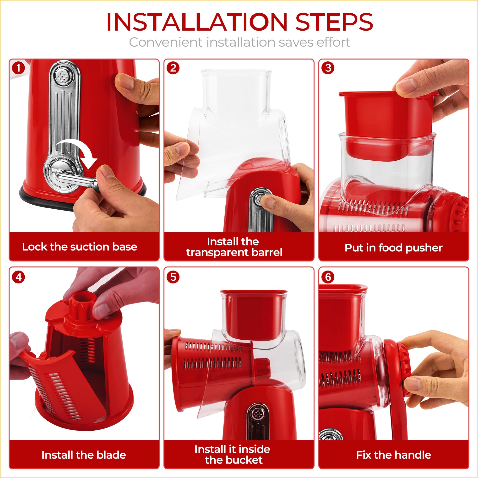SUSTEAS rotary cheese grater with red handle, mandoline slicer for precise cuts.