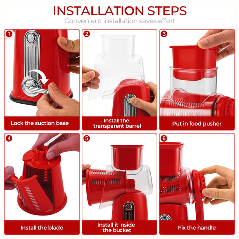 SUSTEAS rotary cheese grater with red handle, mandoline slicer for precise cuts.