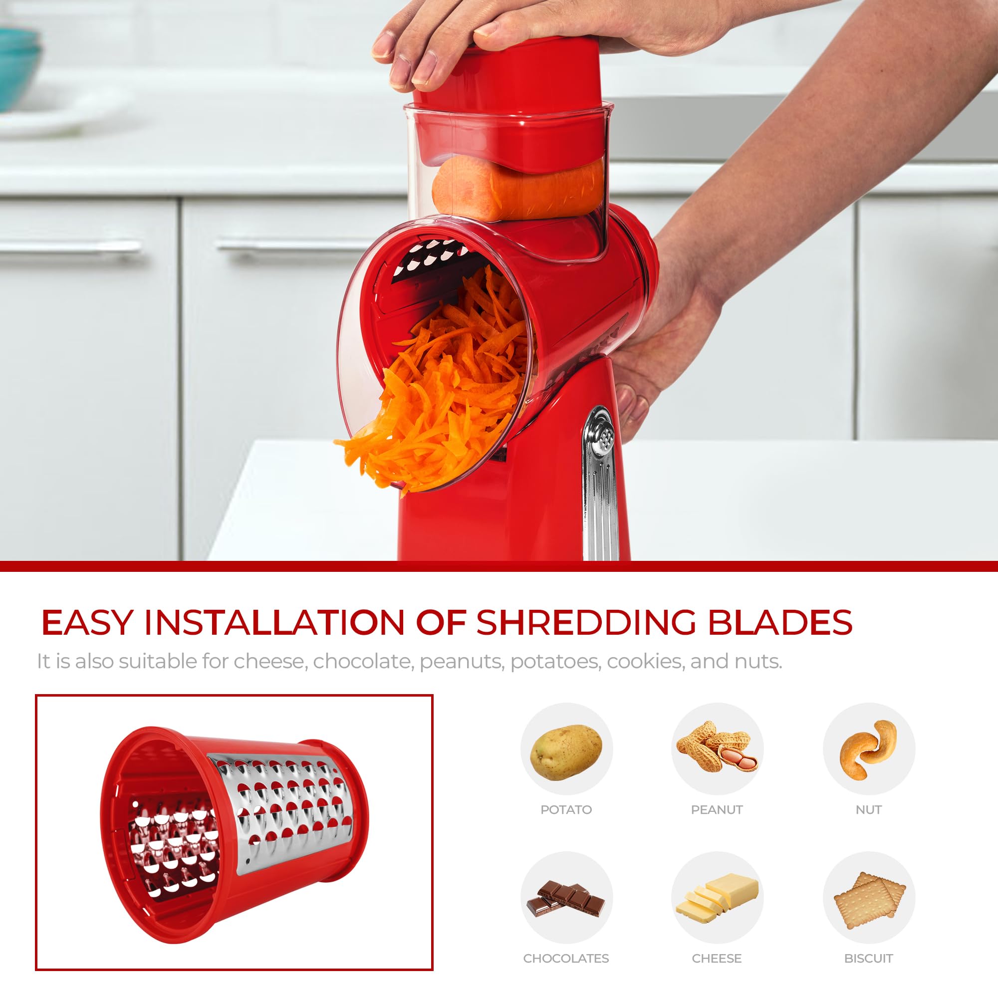 SUSTEAS rotary cheese grater with red handle, shredding action for fast results.