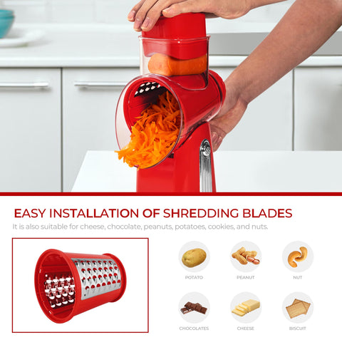 SUSTEAS rotary cheese grater with red handle, shredding action for fast results.