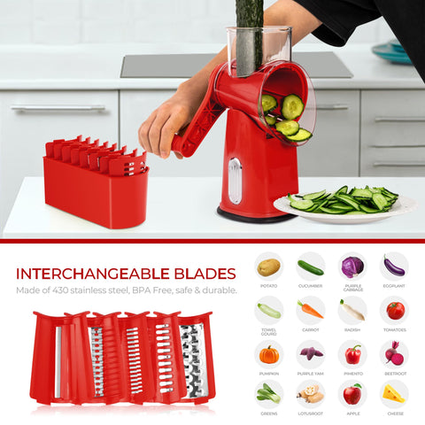 SUSTEAS rotary cheese grater with red handle, suction base for stable use.