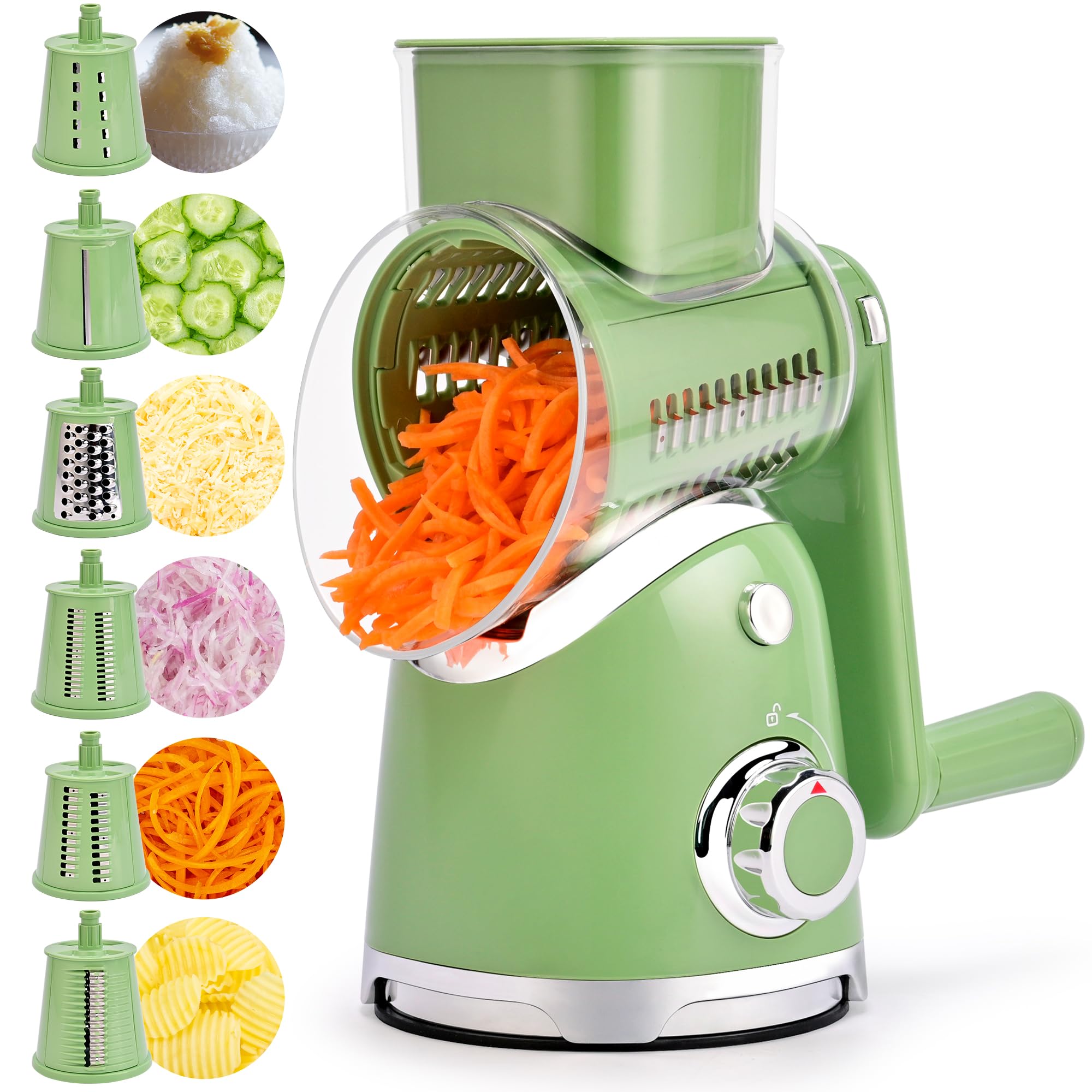 SUSTEAS rotary cheese grater with handle for quick shredding.
