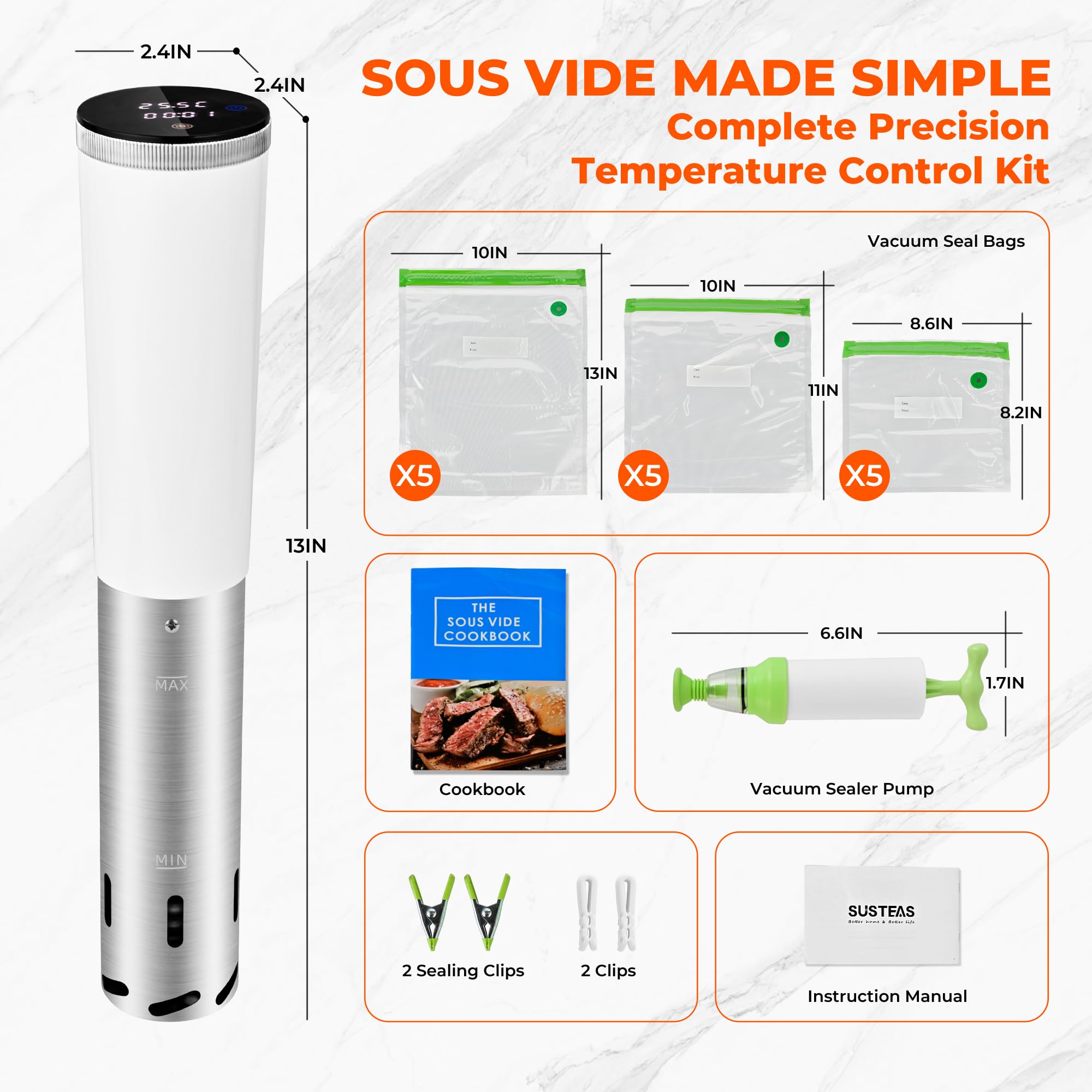 SUSTEAS sous vide kit includes 15 BPA-free bags for convenient meal prep