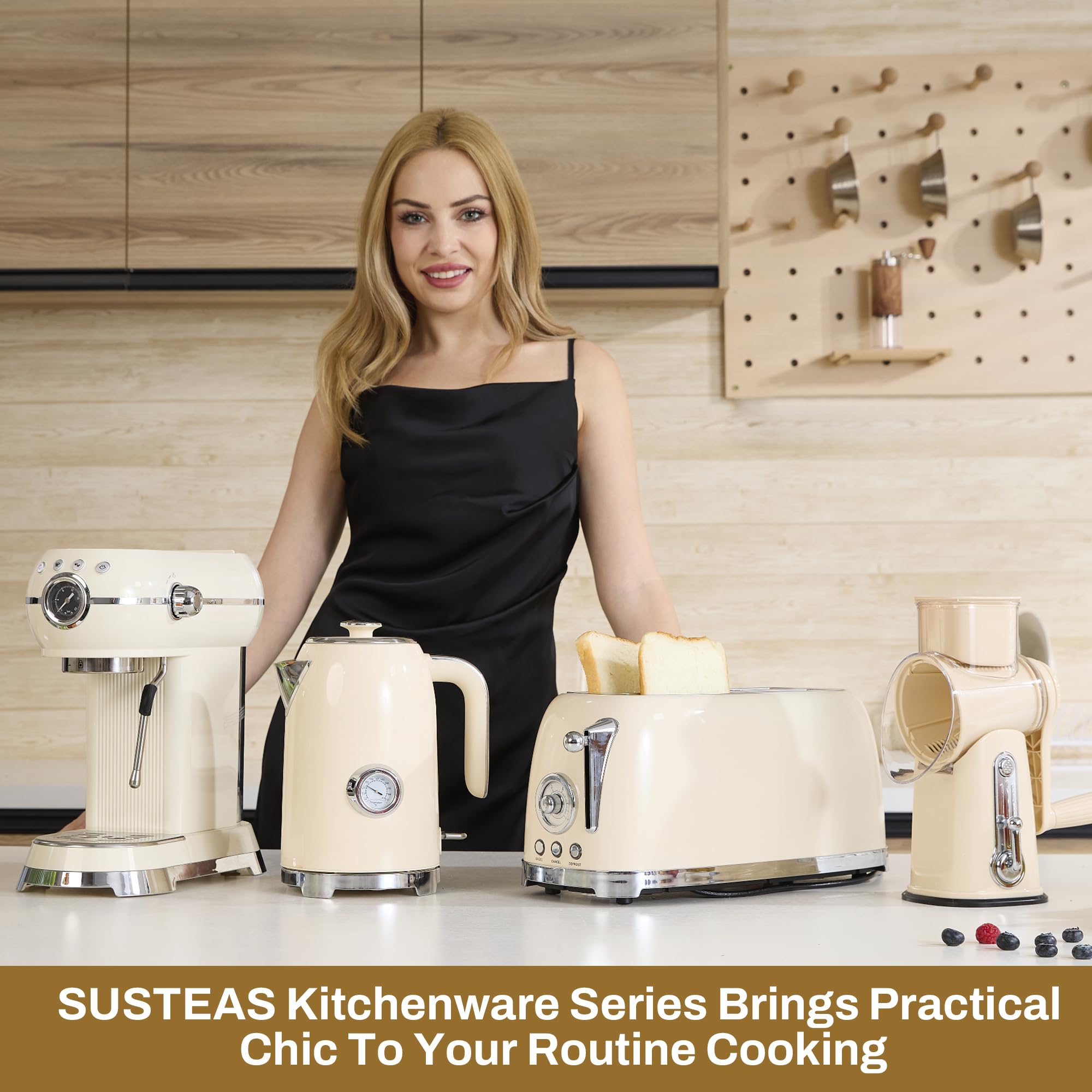 Beige stainless steel finish of the SUSTEAS toaster adds vintage-modern style