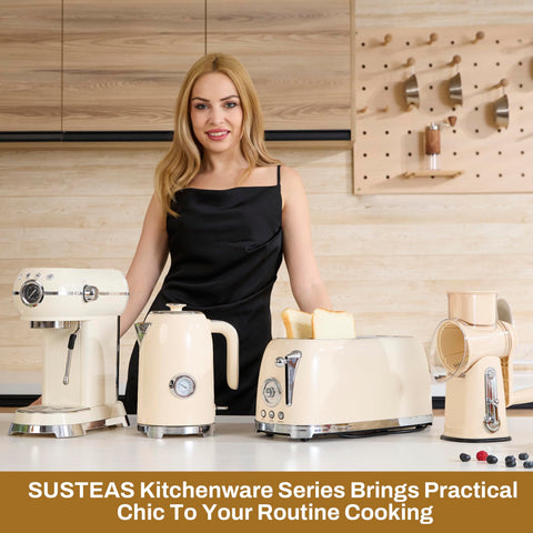 Beige stainless steel finish of the SUSTEAS toaster adds vintage-modern style