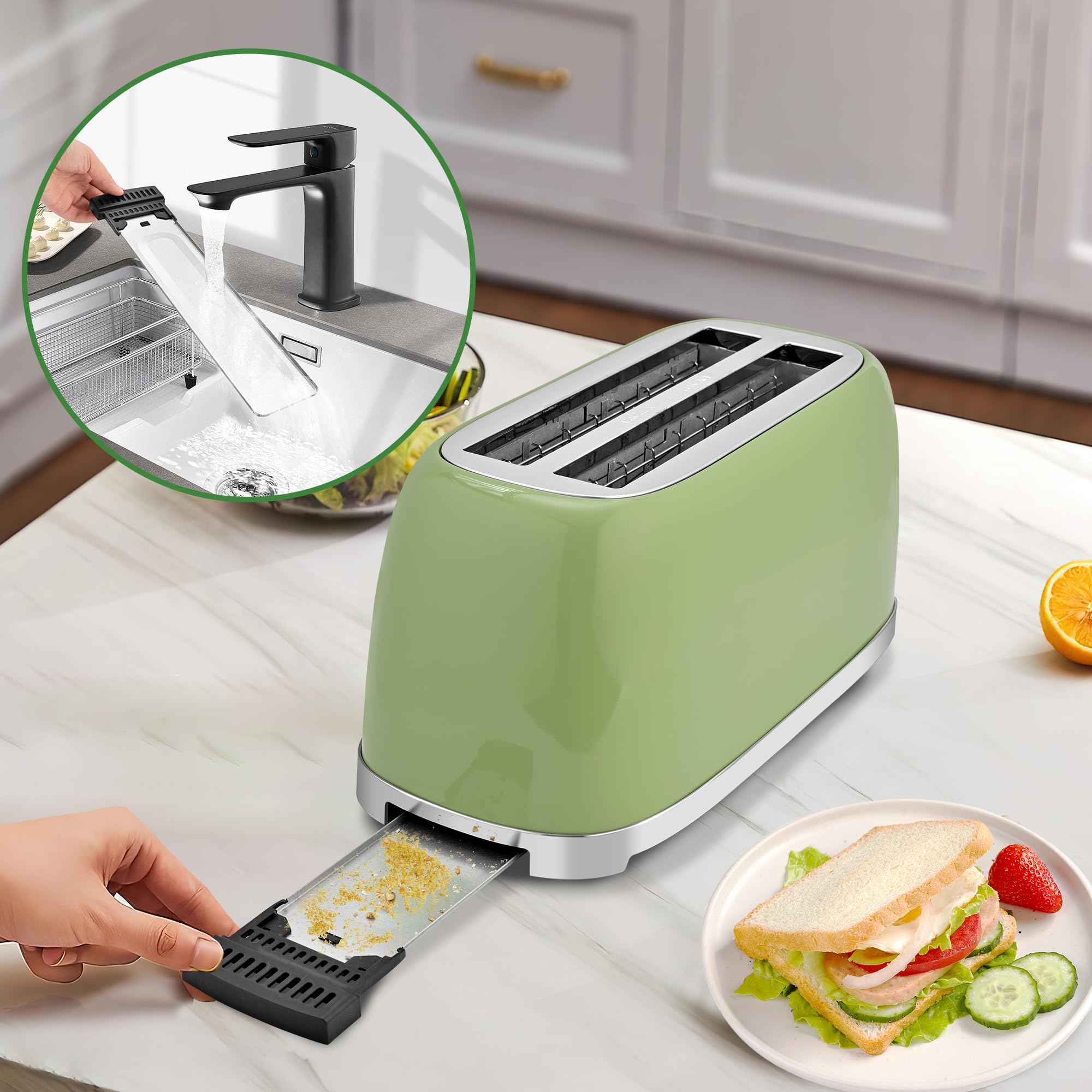 SUSTEAS removable crumb tray keeps counters tidy after toasting.