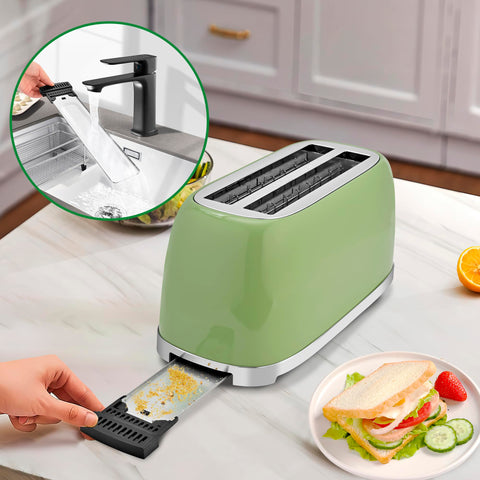 SUSTEAS removable crumb tray keeps counters tidy after toasting.