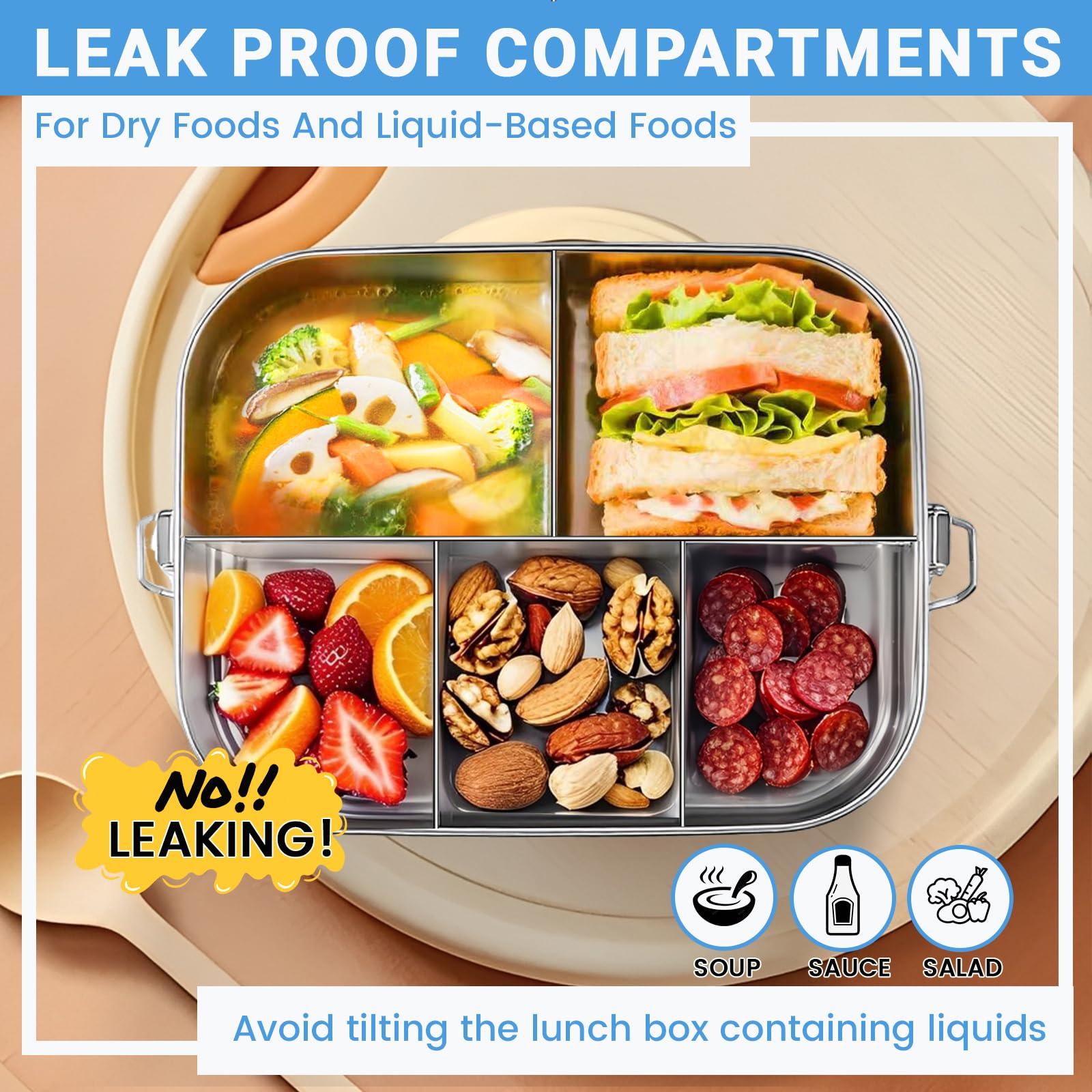 SUTETLW five-compartment lunch container shows stainless steel durability for daily use.