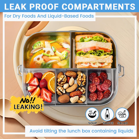 SUTETLW five-compartment lunch container shows stainless steel durability for daily use.