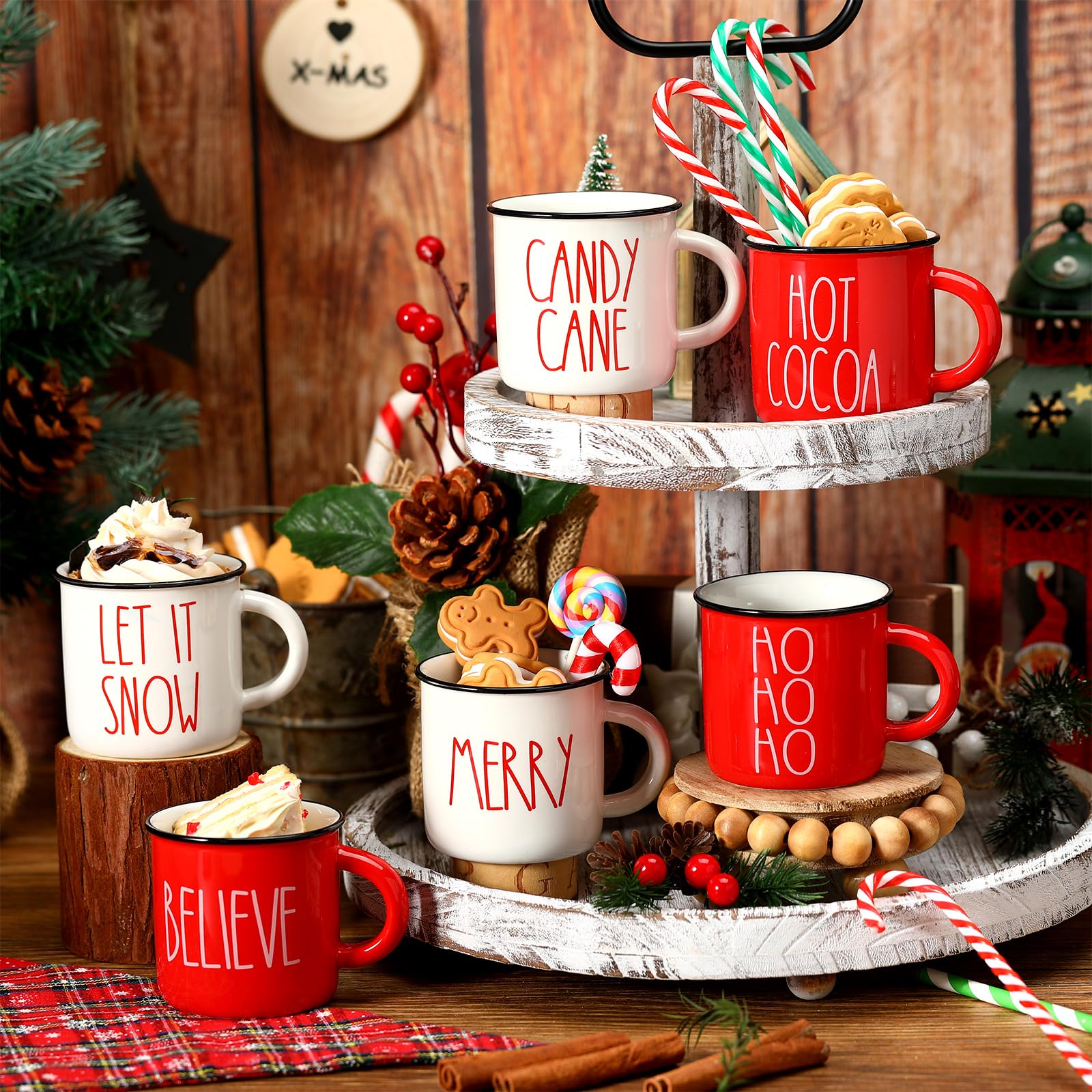 Suttmin tiered-tray decor mini mugs add cheerful holiday charm