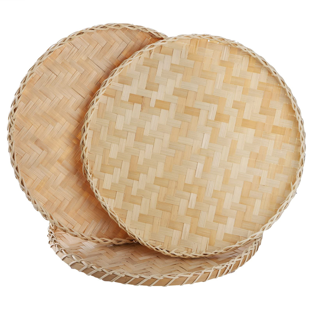 Suwimut 13-inch round bamboo tray with woven pattern for fruit and bread display.