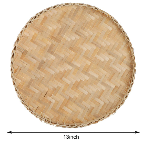Suwimut handmade bamboo wicker tray in beige, ideal as a decorative centerpiece on dining tables.