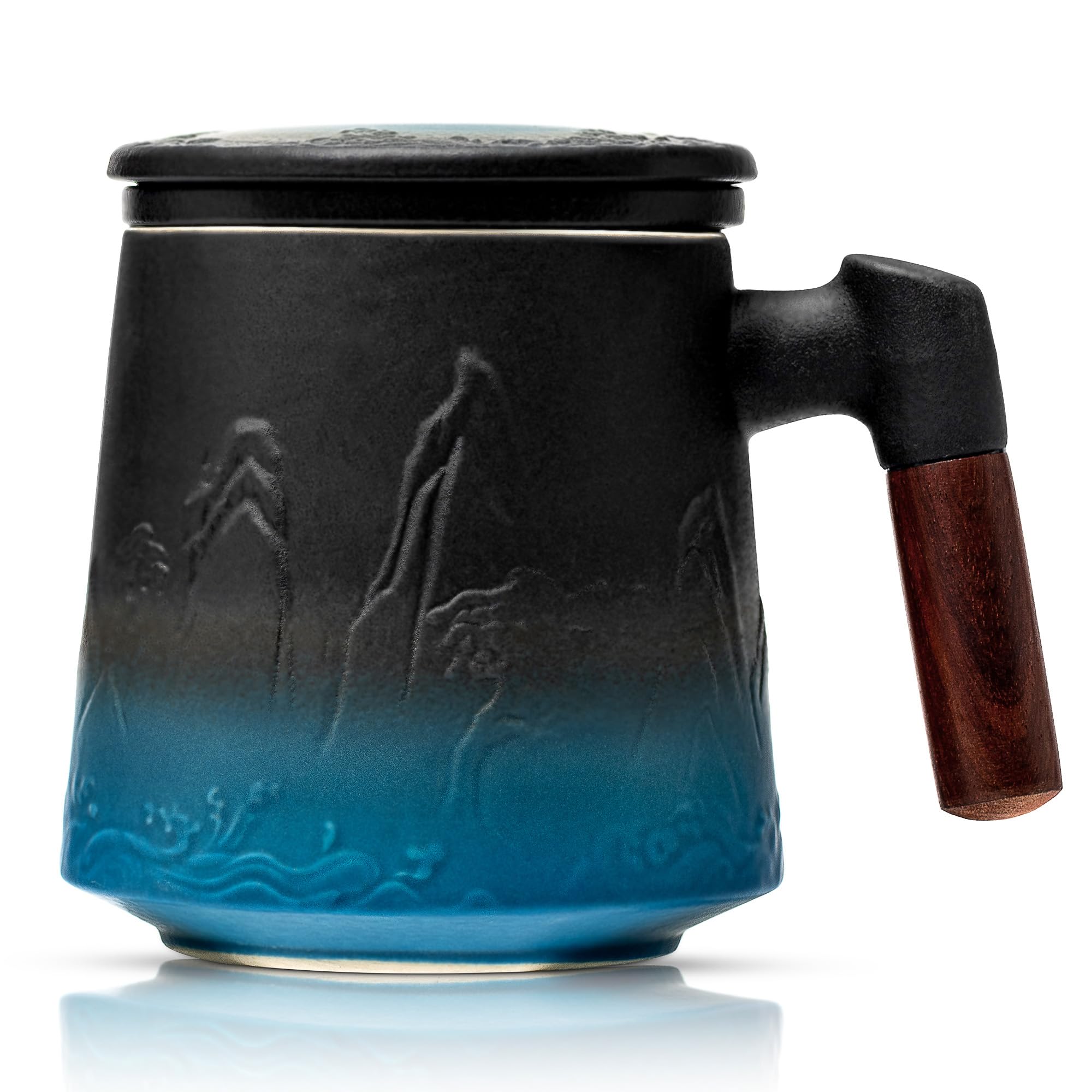 Suyika ceramic tea cup with infuser and lid, gradient embossing, ideal for elegant loose-leaf brews