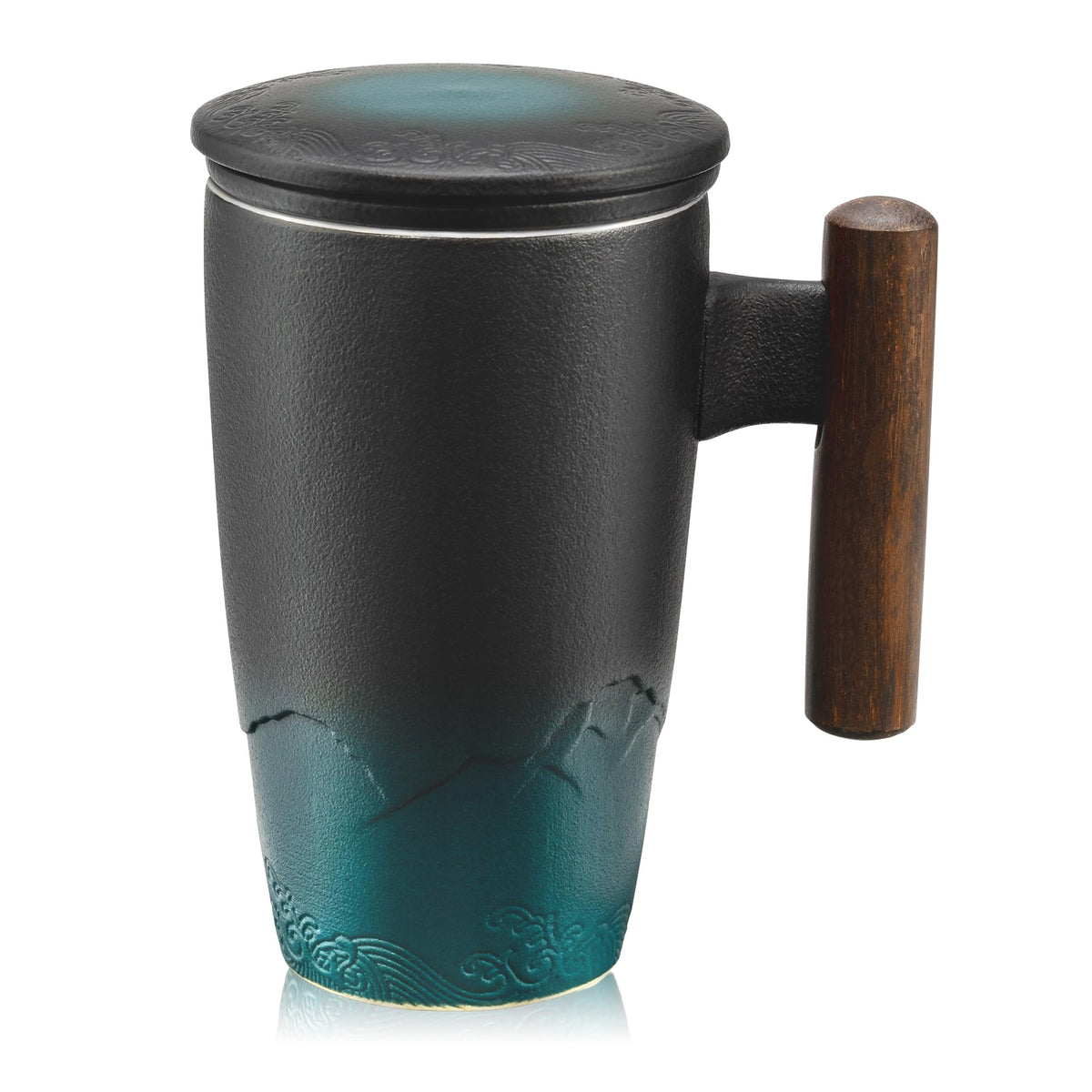 Suyika ceramic tea cup with infuser and lid, ergonomic wooden handle.
