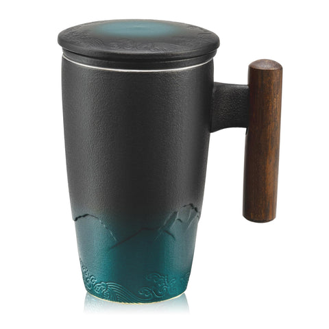 Suyika ceramic tea cup with infuser and lid, ergonomic wooden handle.