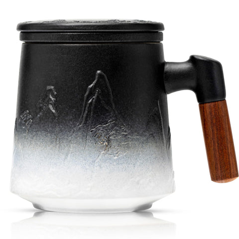 Suyika ceramic tea cup with infuser and lid, matte black, ideal for loose-leaf brews