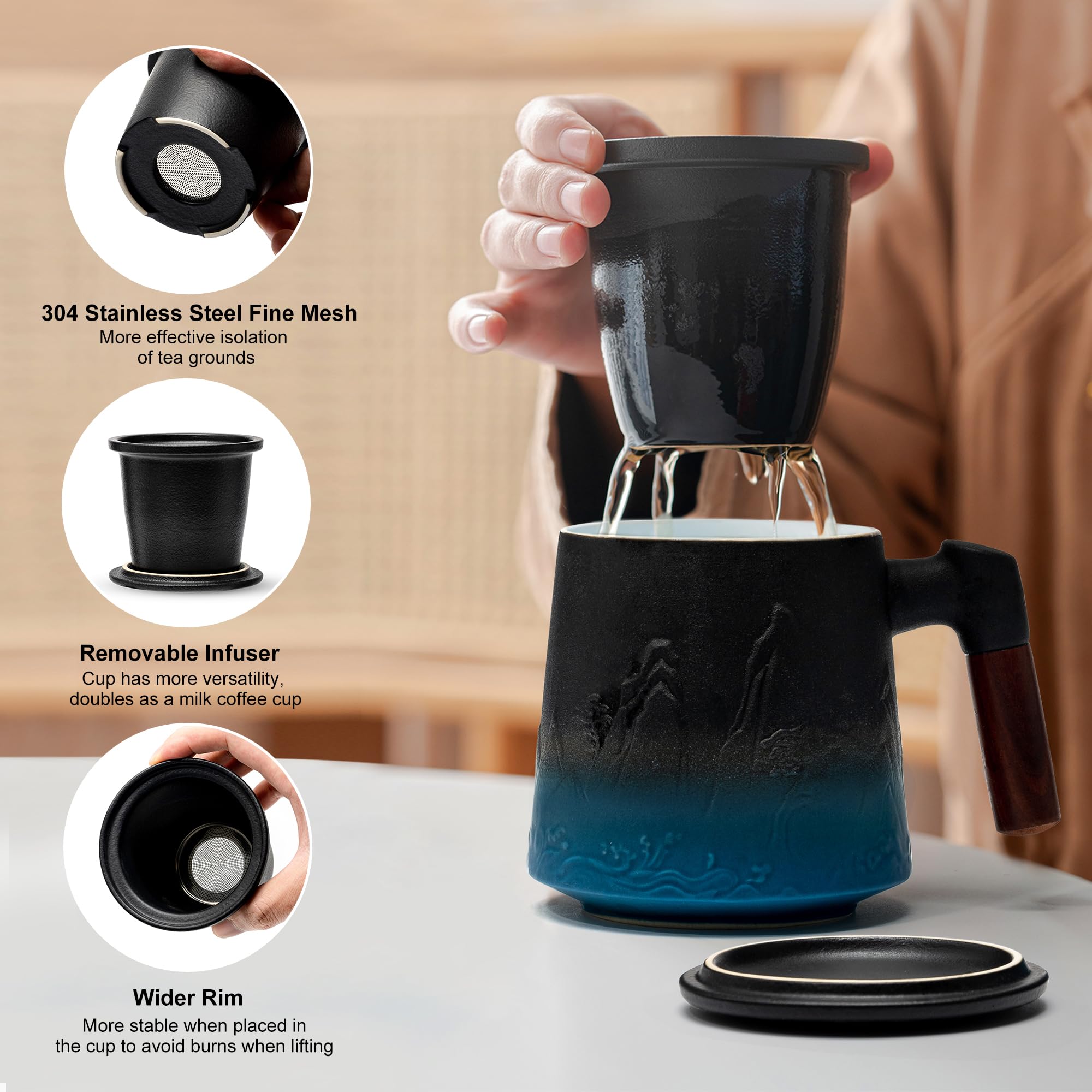 Suyika large tea mug with wooden handle, 450 ml capacity for daily rituals