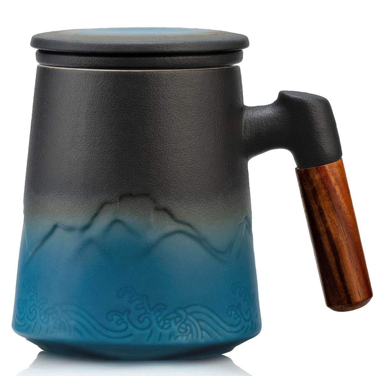 Suyika tea cup with infuser and lid, gradient black-blue design for flavorful brewing.