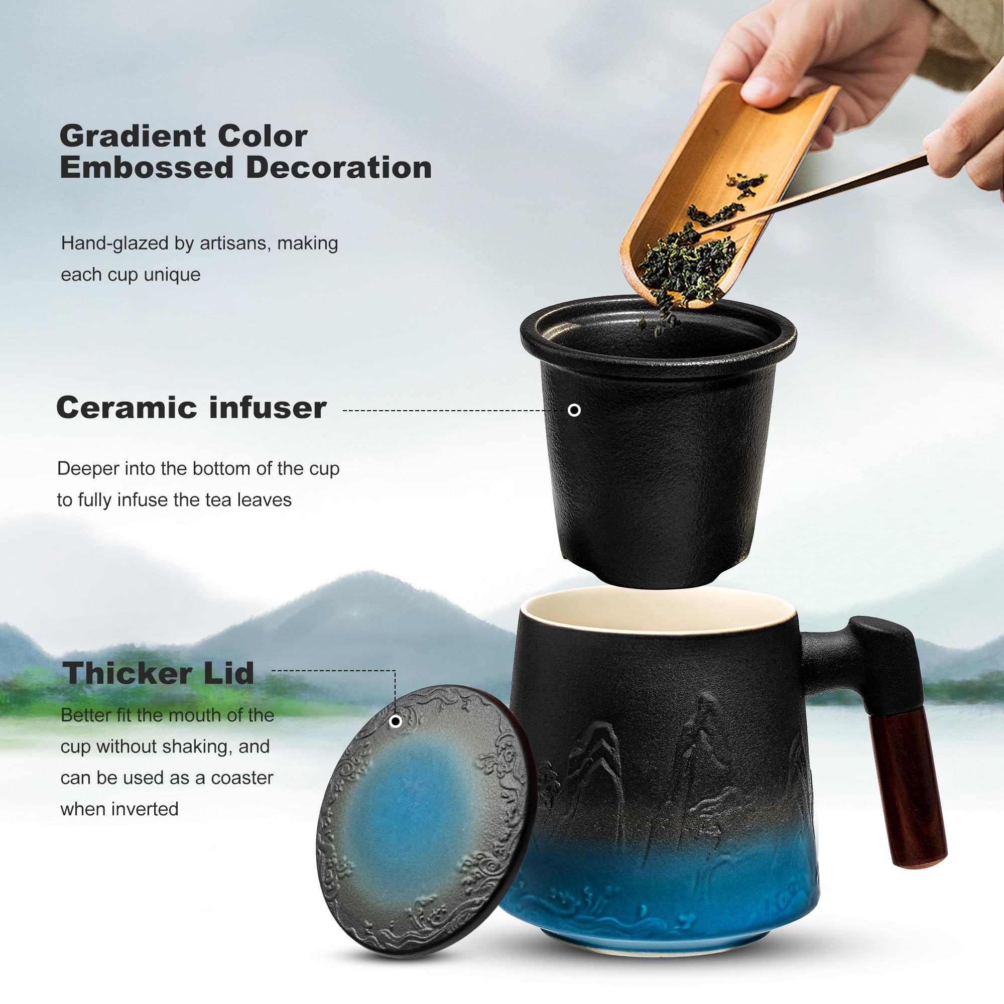 Suyika tea cup with loose-leaf infuser in use for flavorful brew
