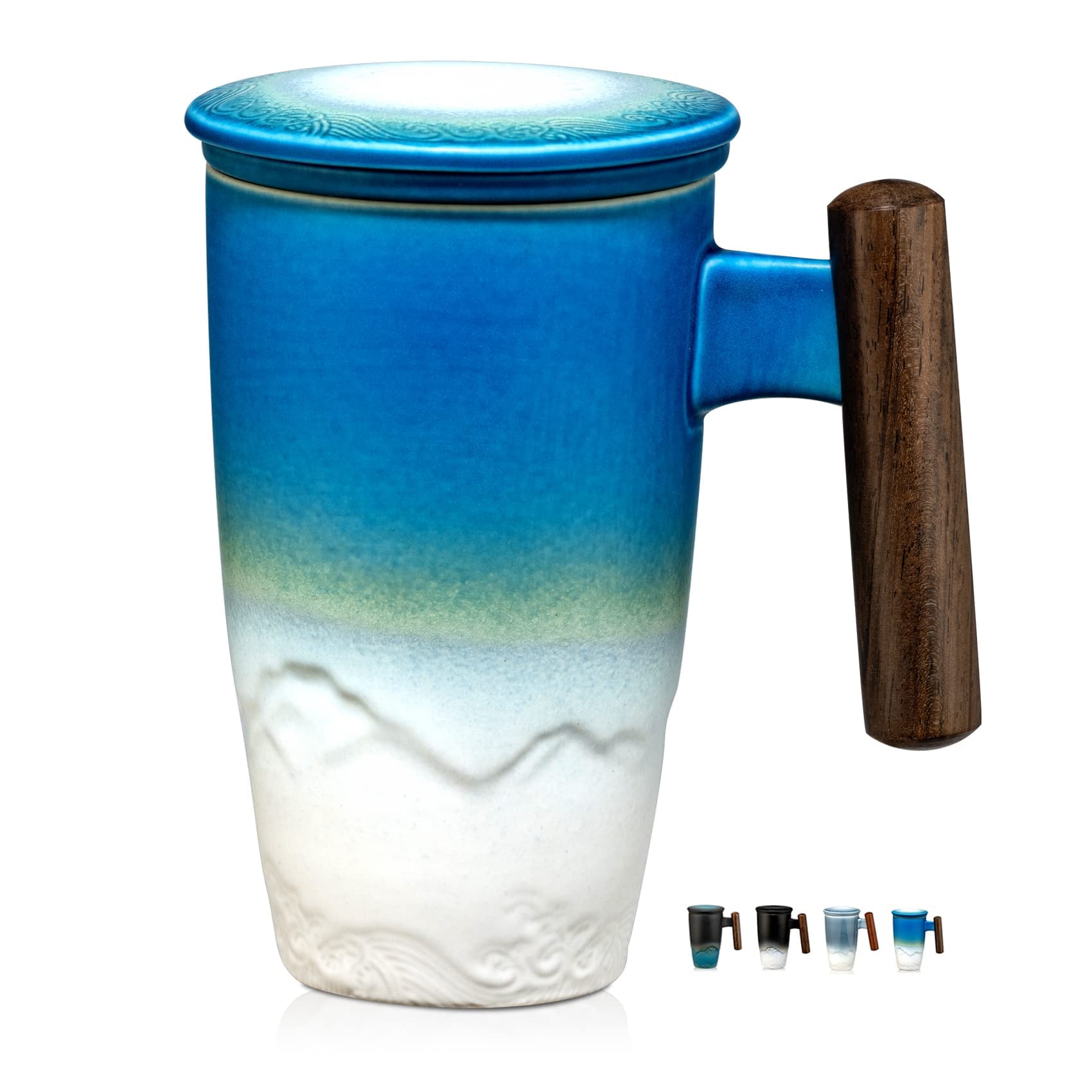 Suyika Tomotime ceramic tea cup with infuser in cyan blue for easy loose-tea filtering.