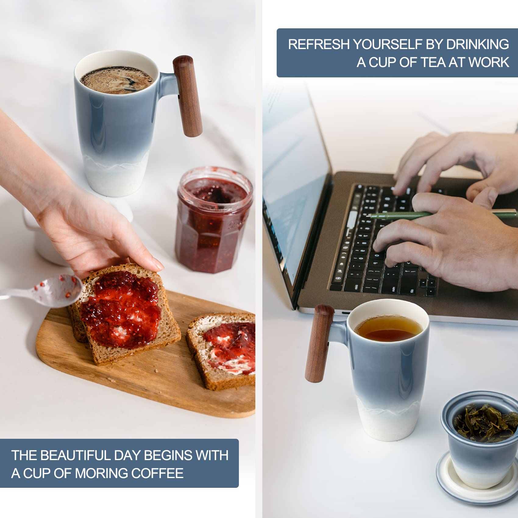 Suyika Tomotime blue cup with wooden handle offers a comfortable grip.