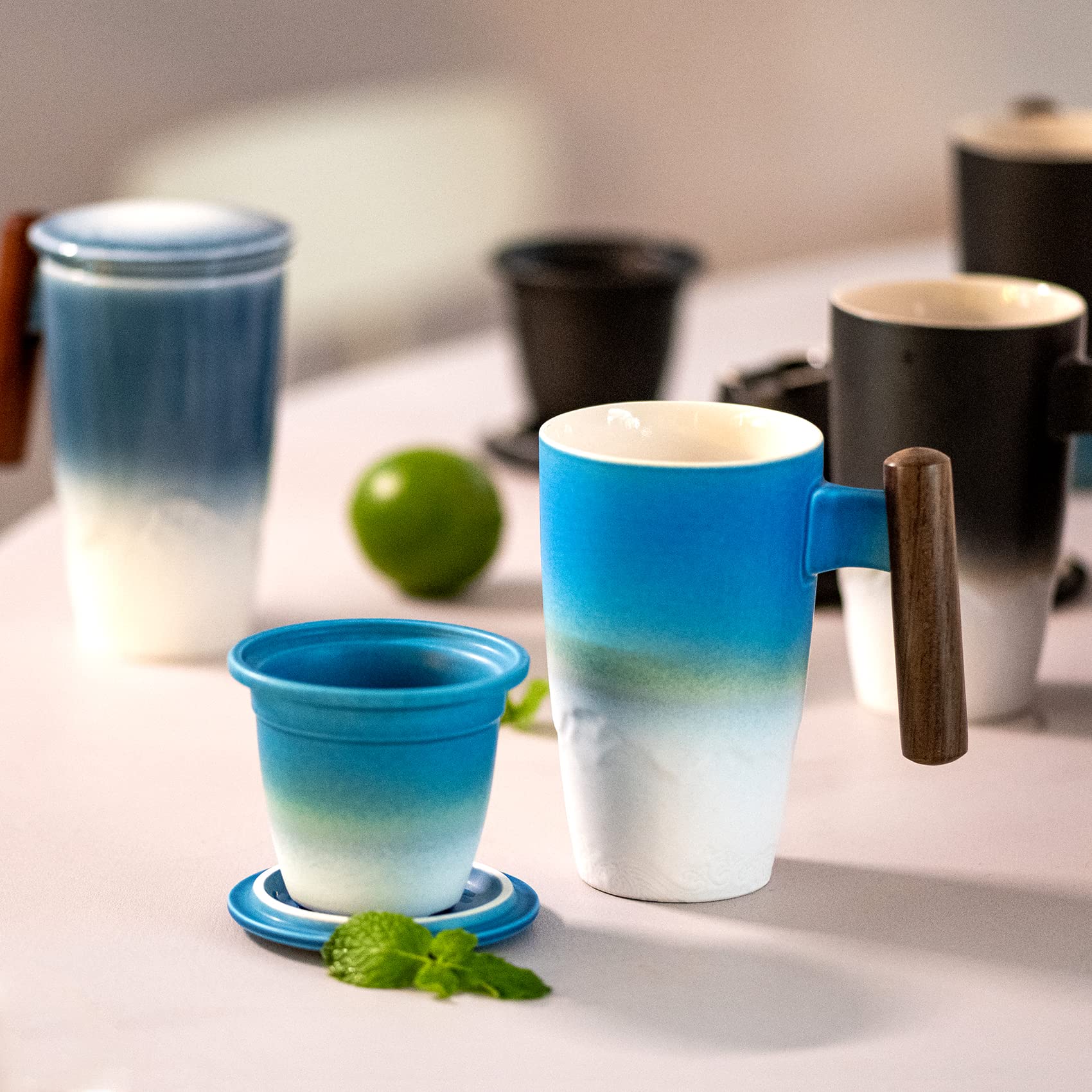 Suyika Tomotime kitchen scene showing cyan blue mug on desk.