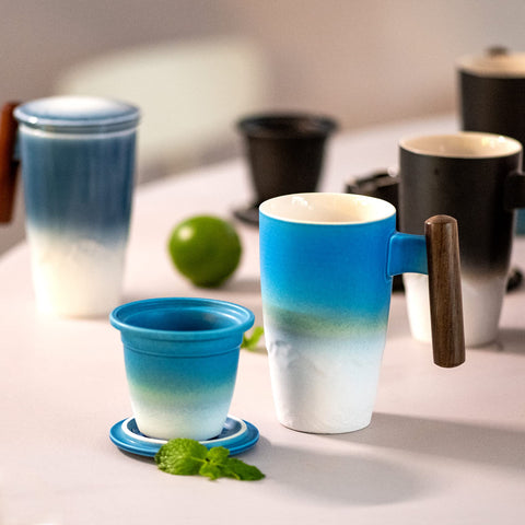 Suyika Tomotime kitchen scene showing cyan blue mug on desk.