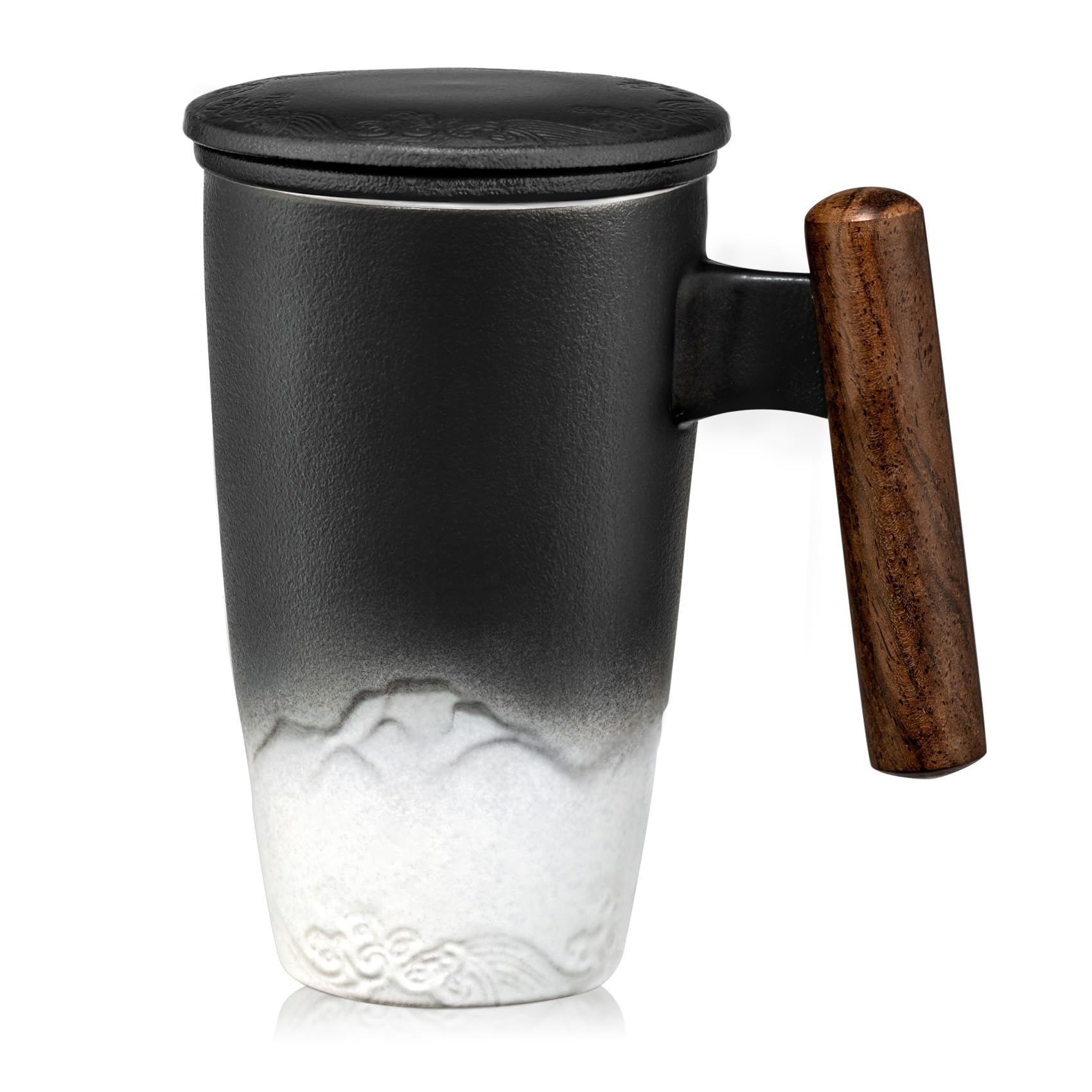 Suyika Tomotime tea cup with infuser and lid in black, easy brewing.