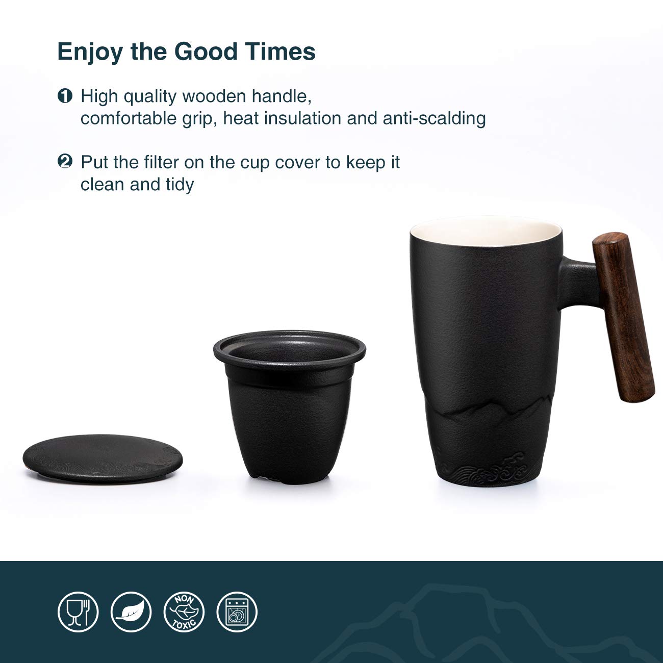 Wooden handle on the Tomotime mug provides a comfortable grip
