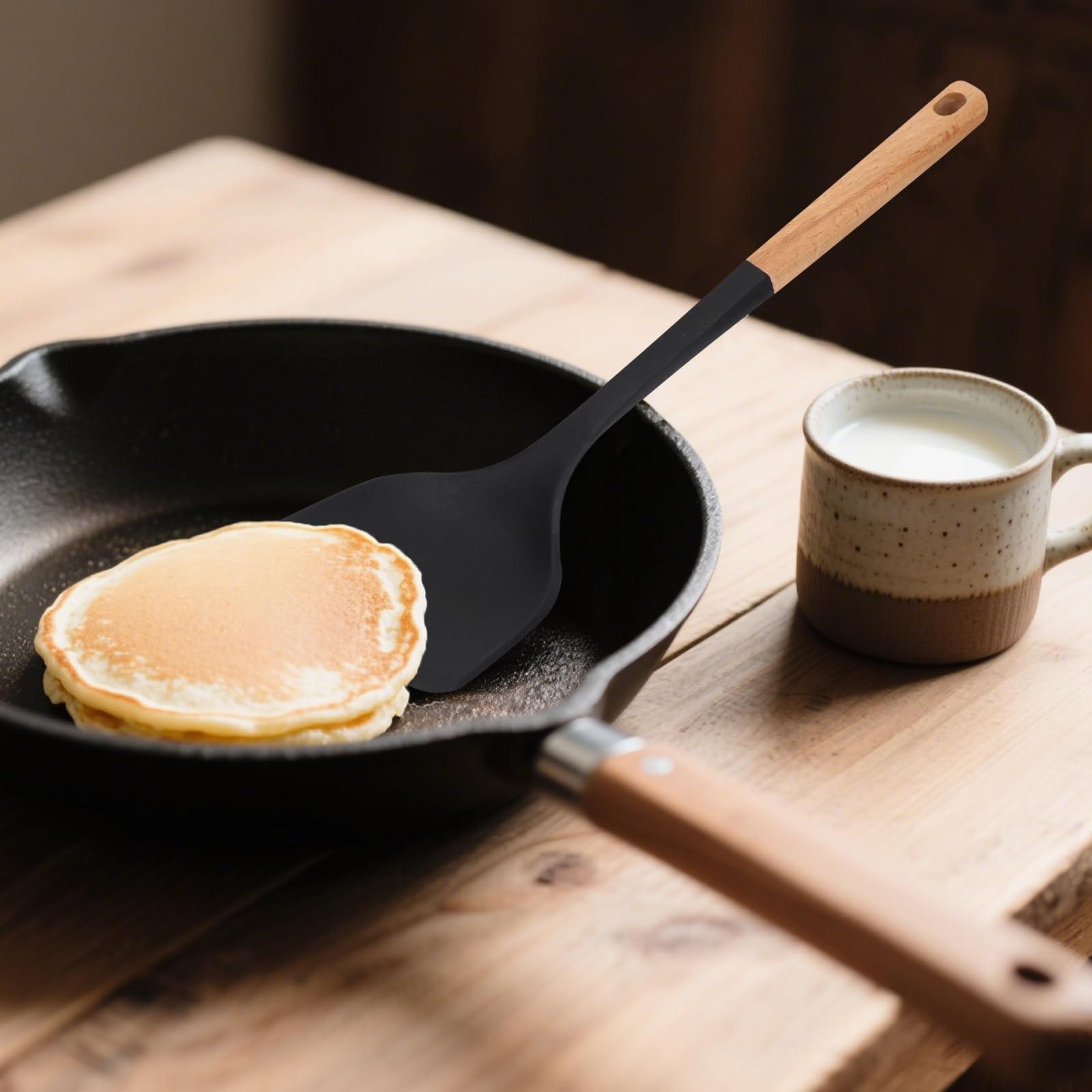 Svailse silicone spatula for pancake and eggs helps flip gently.