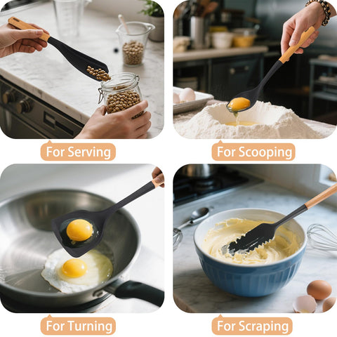 Svailse curved edge reaches deep into pots for thorough scraping.