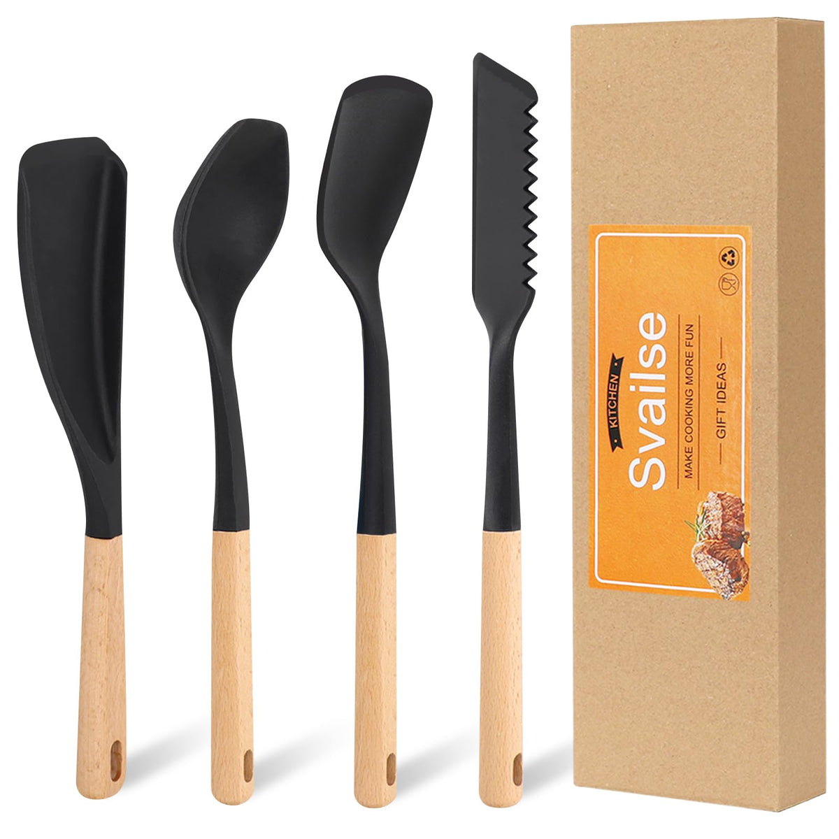 Svailse silicone spatula set with wood handle in top view, ideal for nonstick pans.