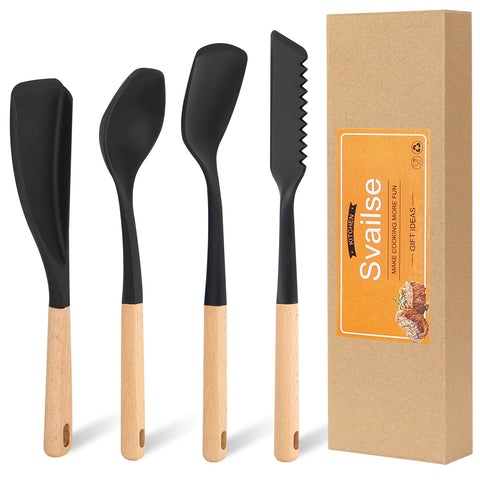 Svailse silicone spatula set with wood handle in top view, ideal for nonstick pans.