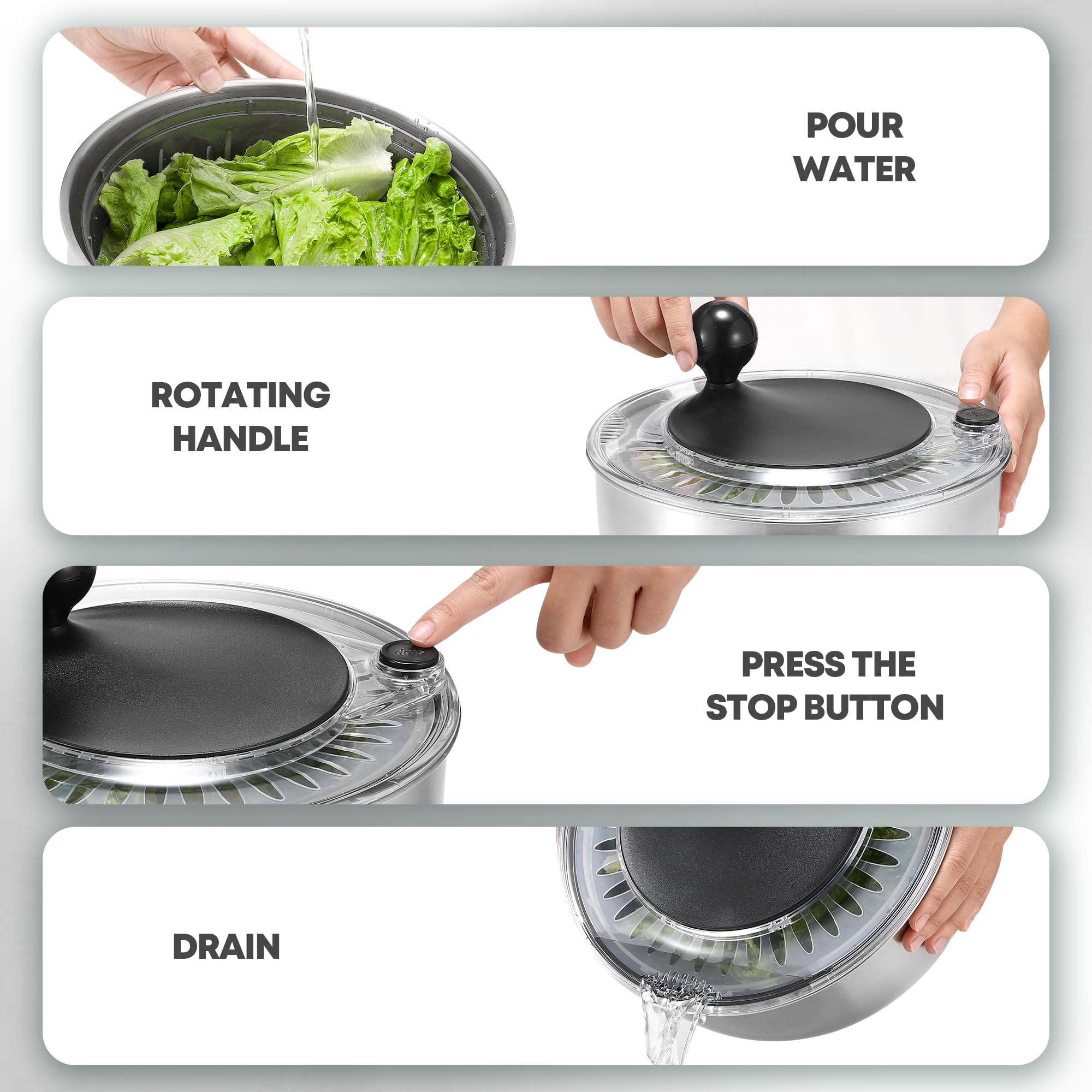 SveBake non-slip base keeps the spinner steady on countertops.