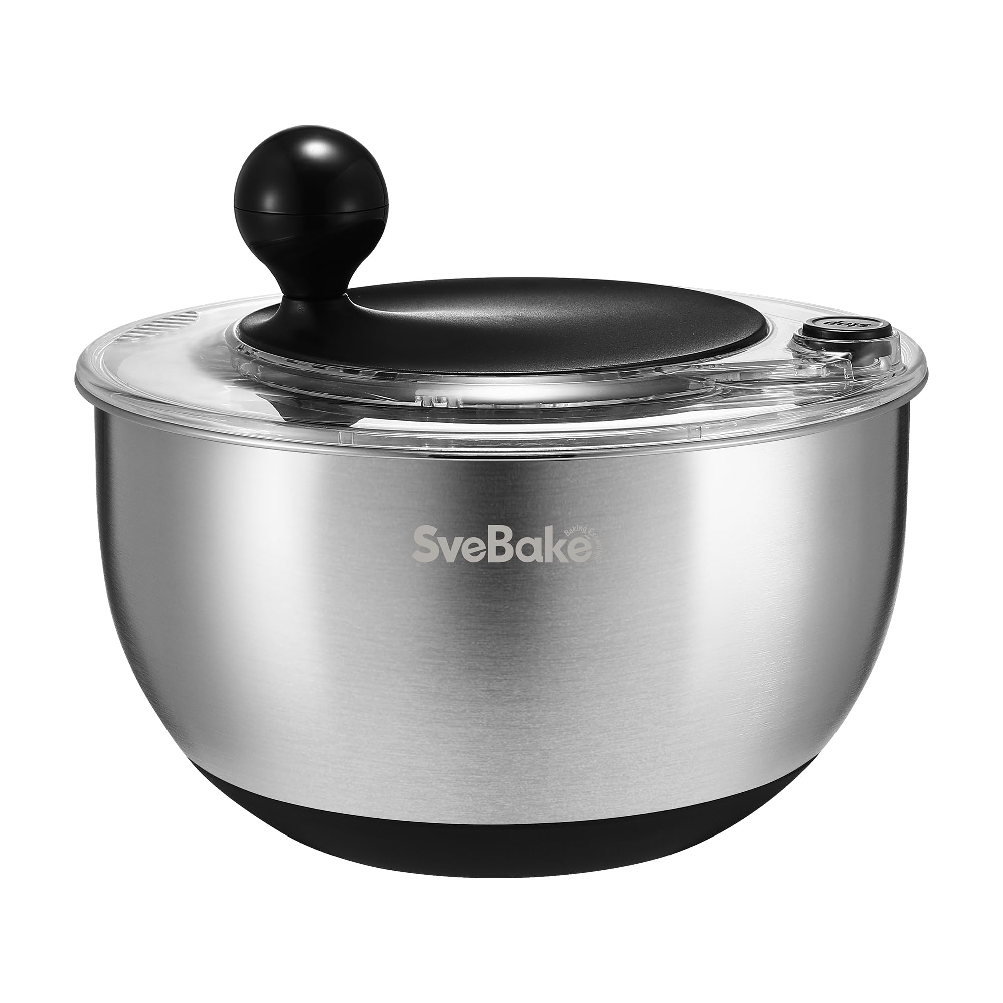 SveBake 5.3Qt salad spinner with stop button for fast, convenient drying.