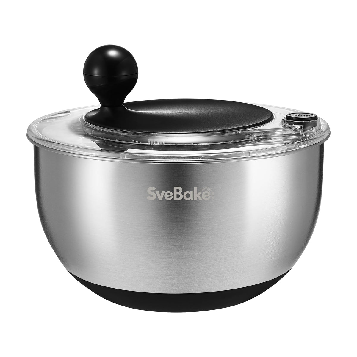 SveBake 5.3Qt salad spinner with stop button for fast, convenient drying.