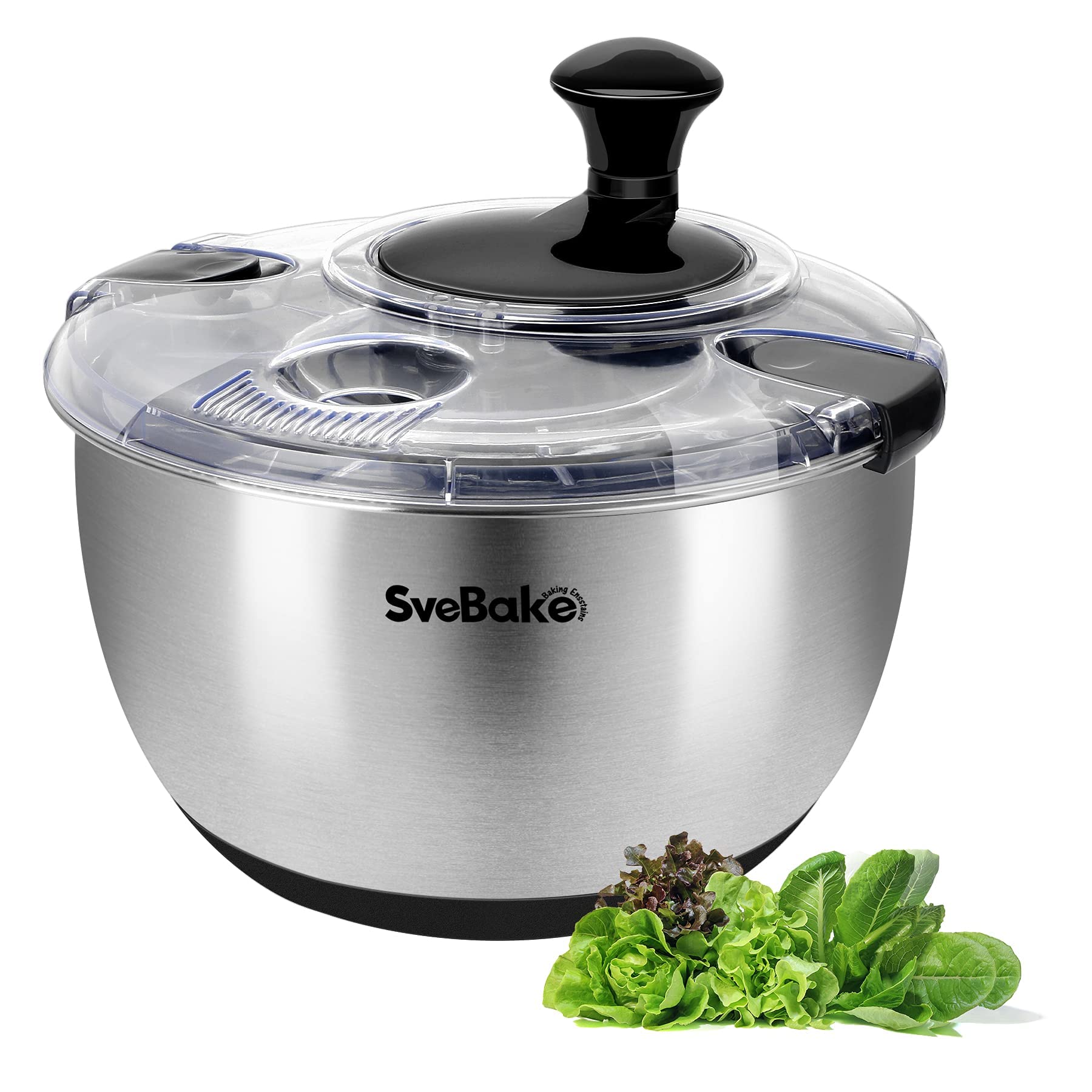 SveBake salad spinner with crank lid in use for controlled greens drying