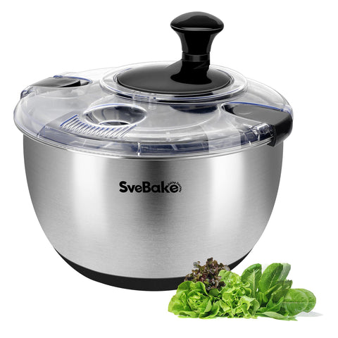 SveBake salad spinner with crank lid in use for controlled greens drying