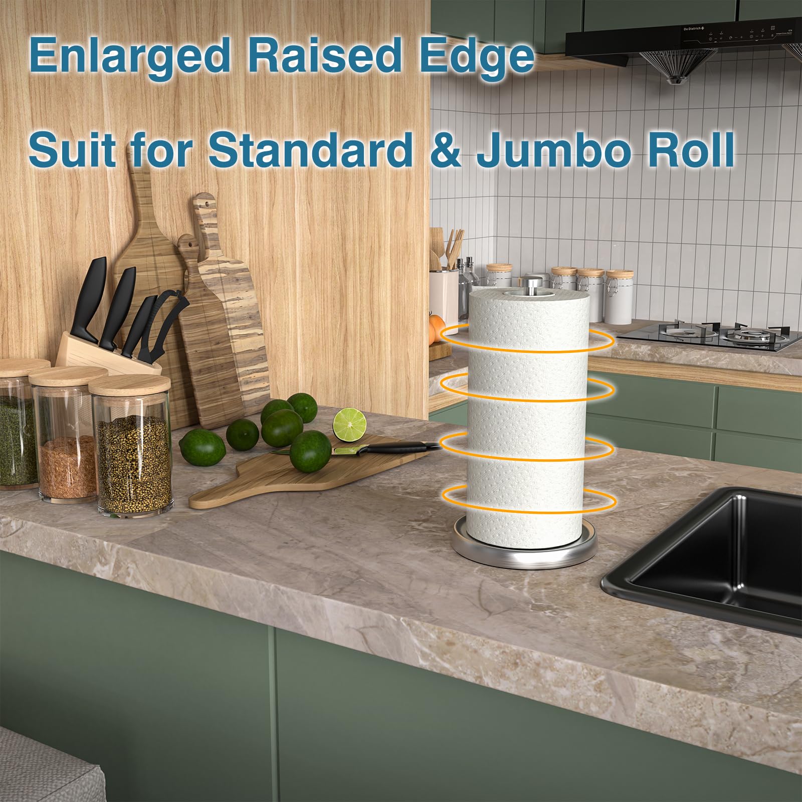 Swaitee paper towel holder side view highlights weighted base for stable countertop use.