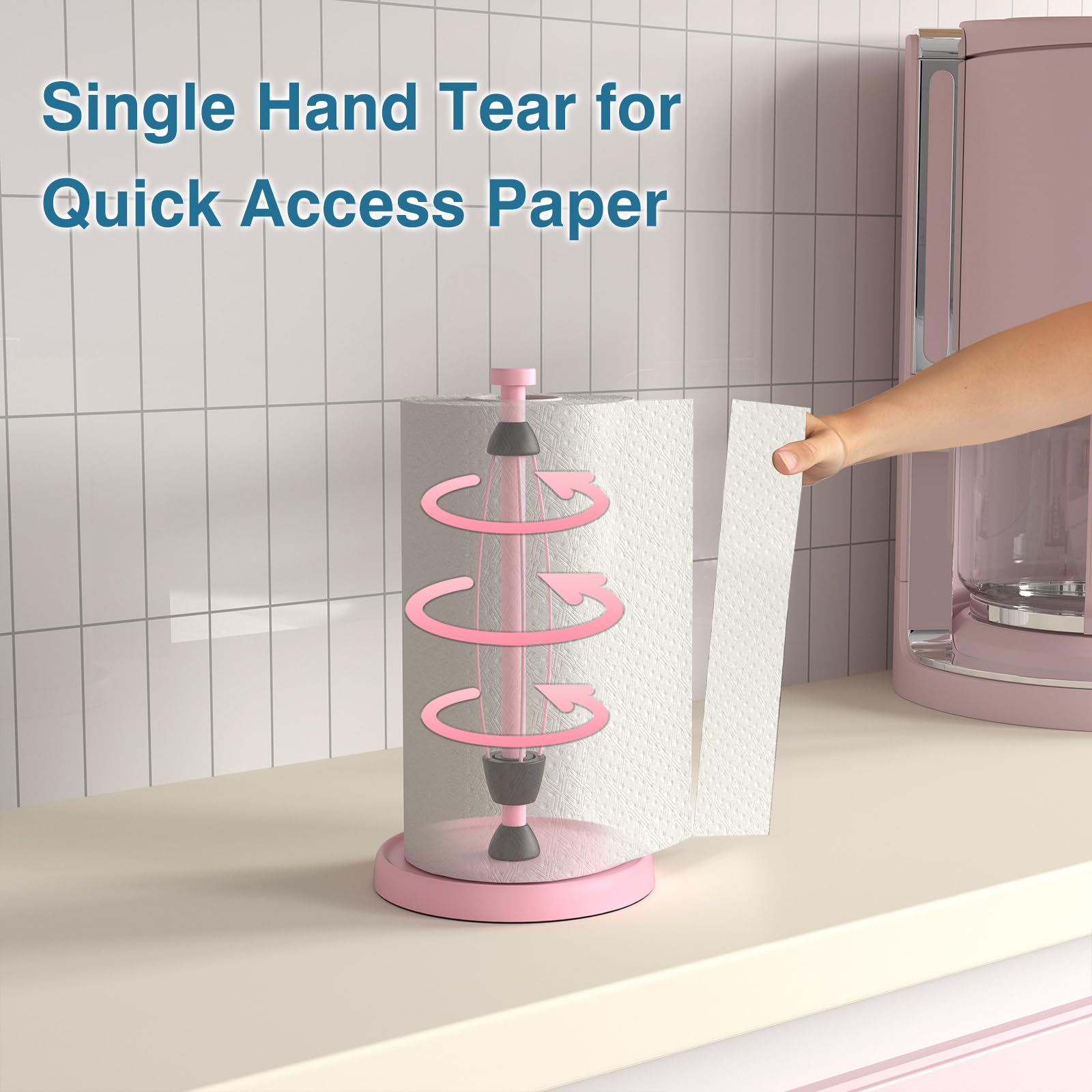 Swaitee pink holder with weighted base stabilizes towels during tearing